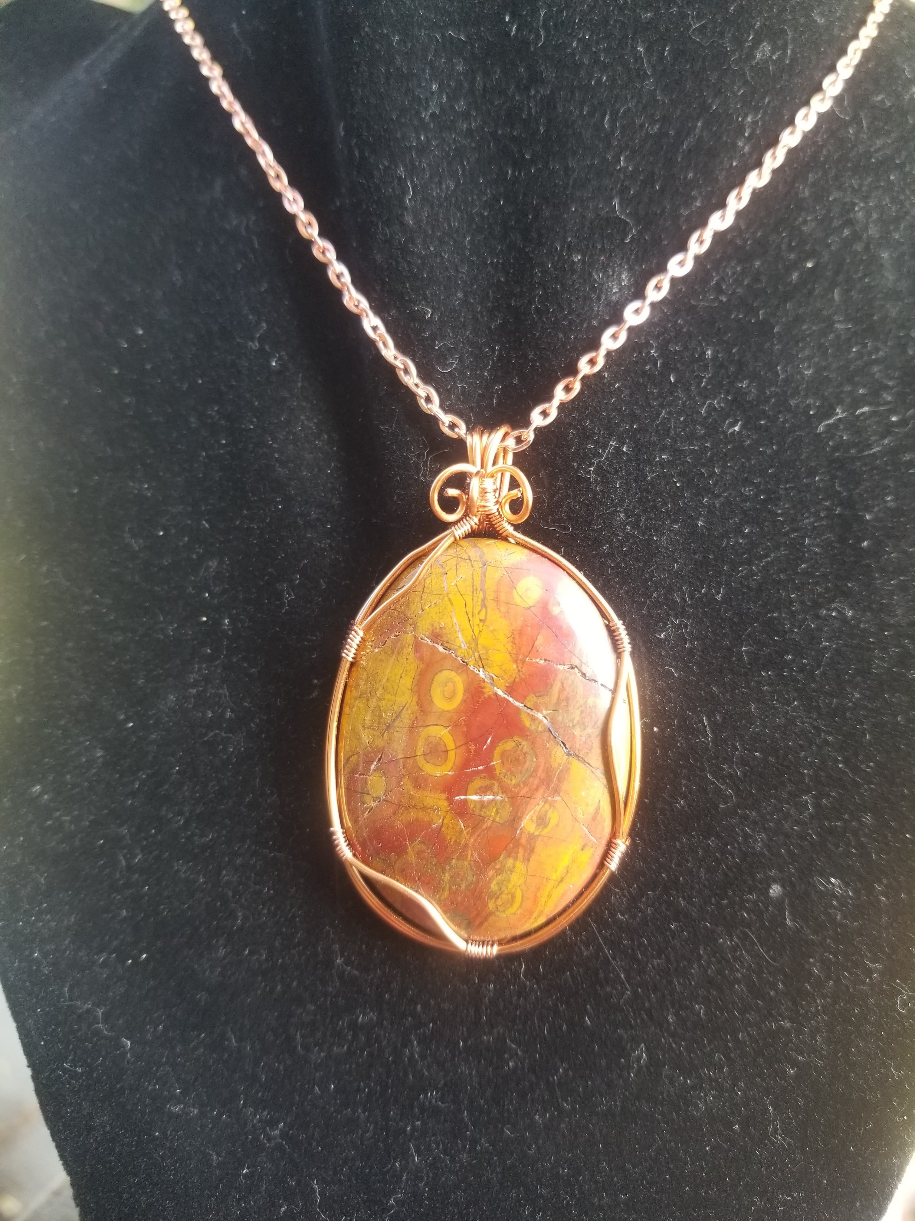 Beautiful Poppy Jasper Pendant Yellow/Red Hand Crafted Local Artisan Copper Wrap - Old Stock Cabochon