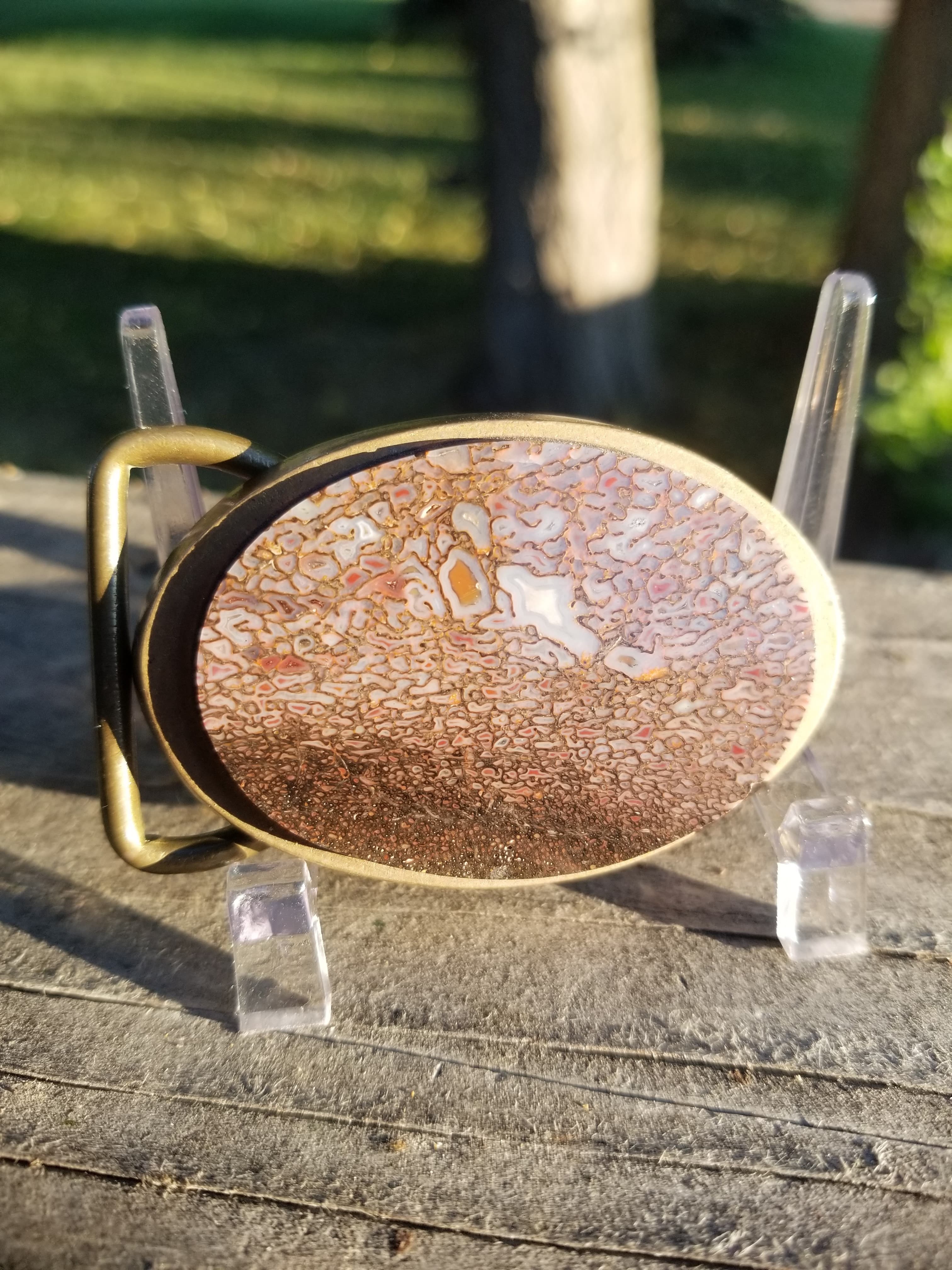 Beautiful Polished Agatized Dinosaur Gem Bone Belt Buckle Vintage Brass Handmade
