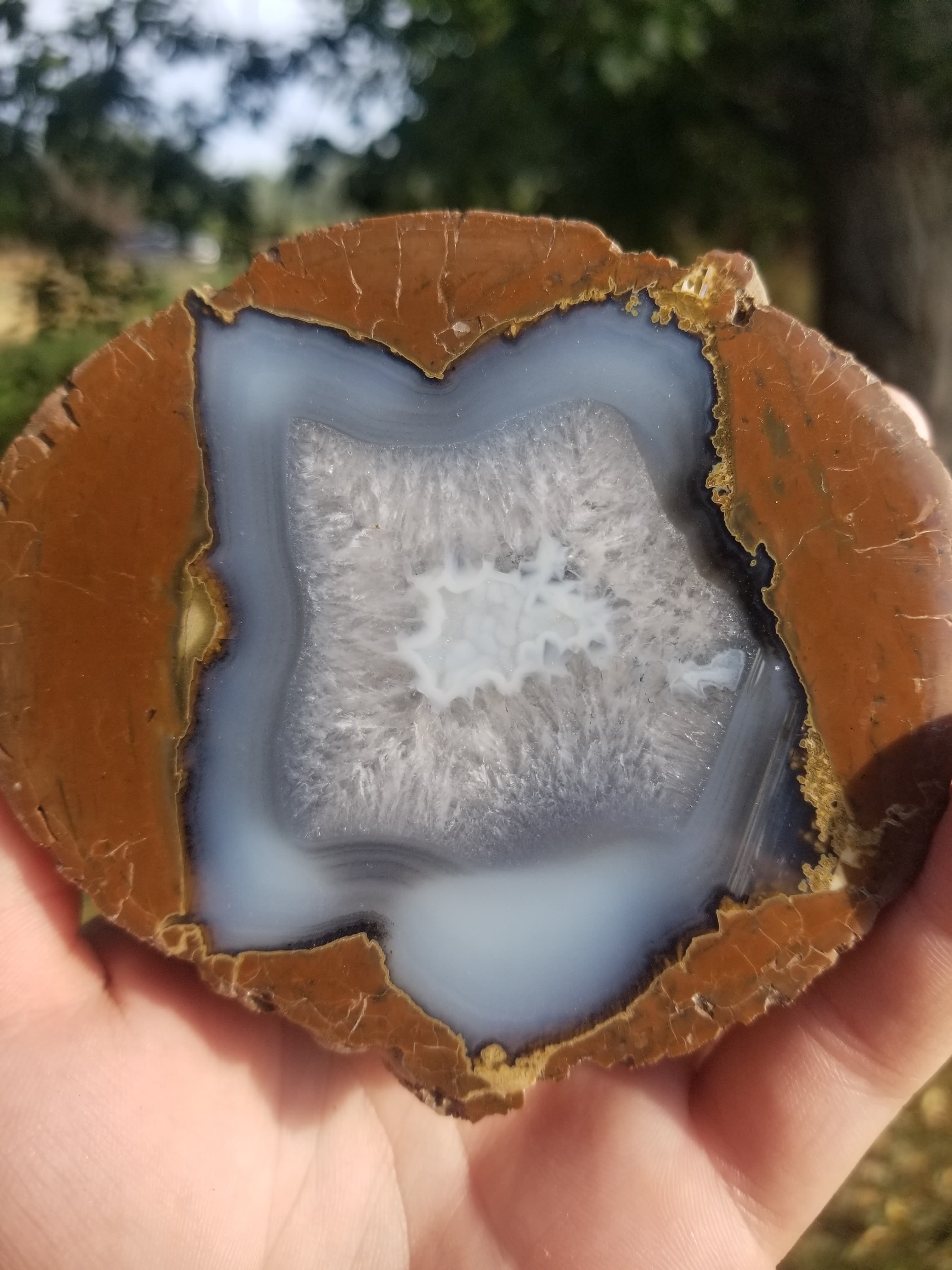 Beautiful Polished Thunder Egg Half Geode Nodule Specimen Great Star Pattern Quartz Pocket