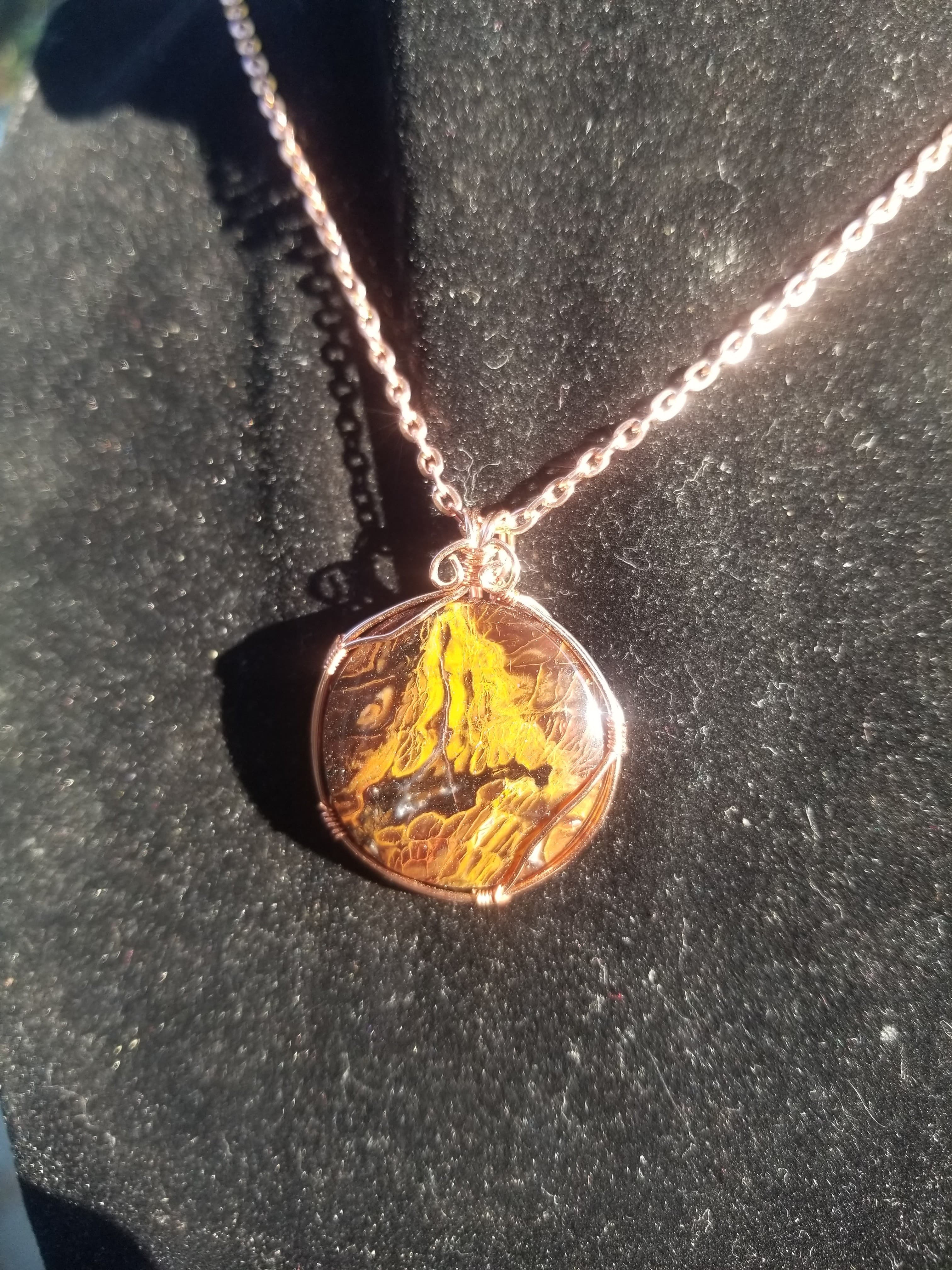 Beautiful Petrified Wood Pendant Hand Crafted Local Artisan Copper Wrap - Old Stock Cabochon
