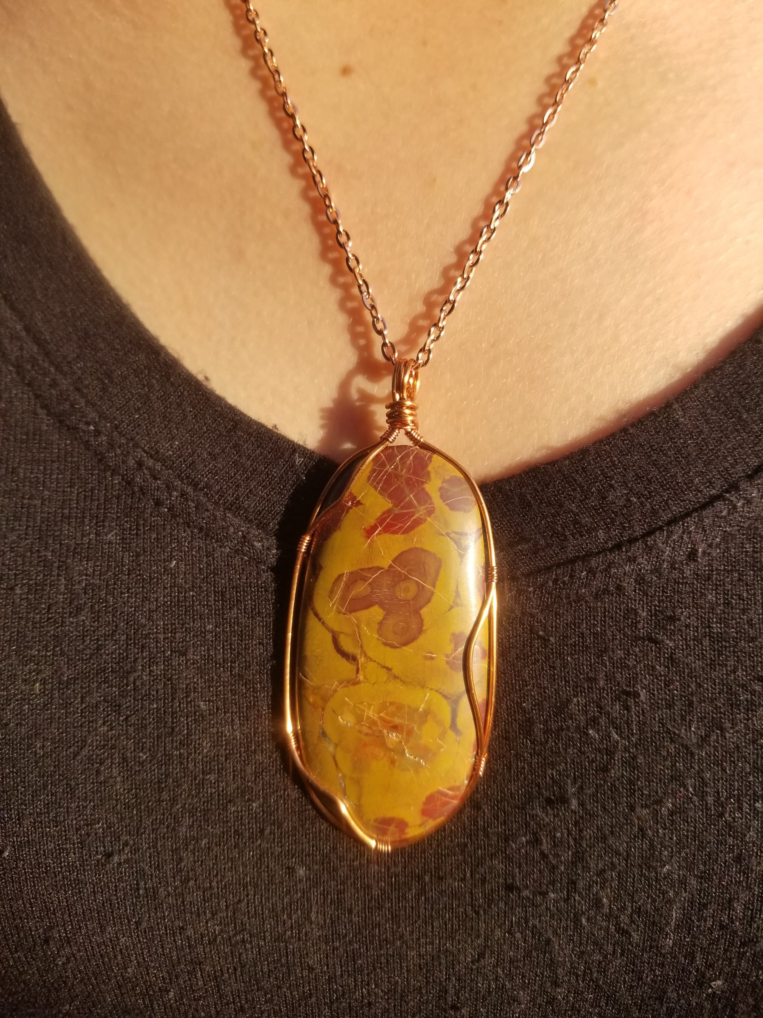 Beautiful Poppy Jasper Pendant Yellow/Red Hand Crafted Local Artisan Copper Wrap - Old Stock Cabochon
