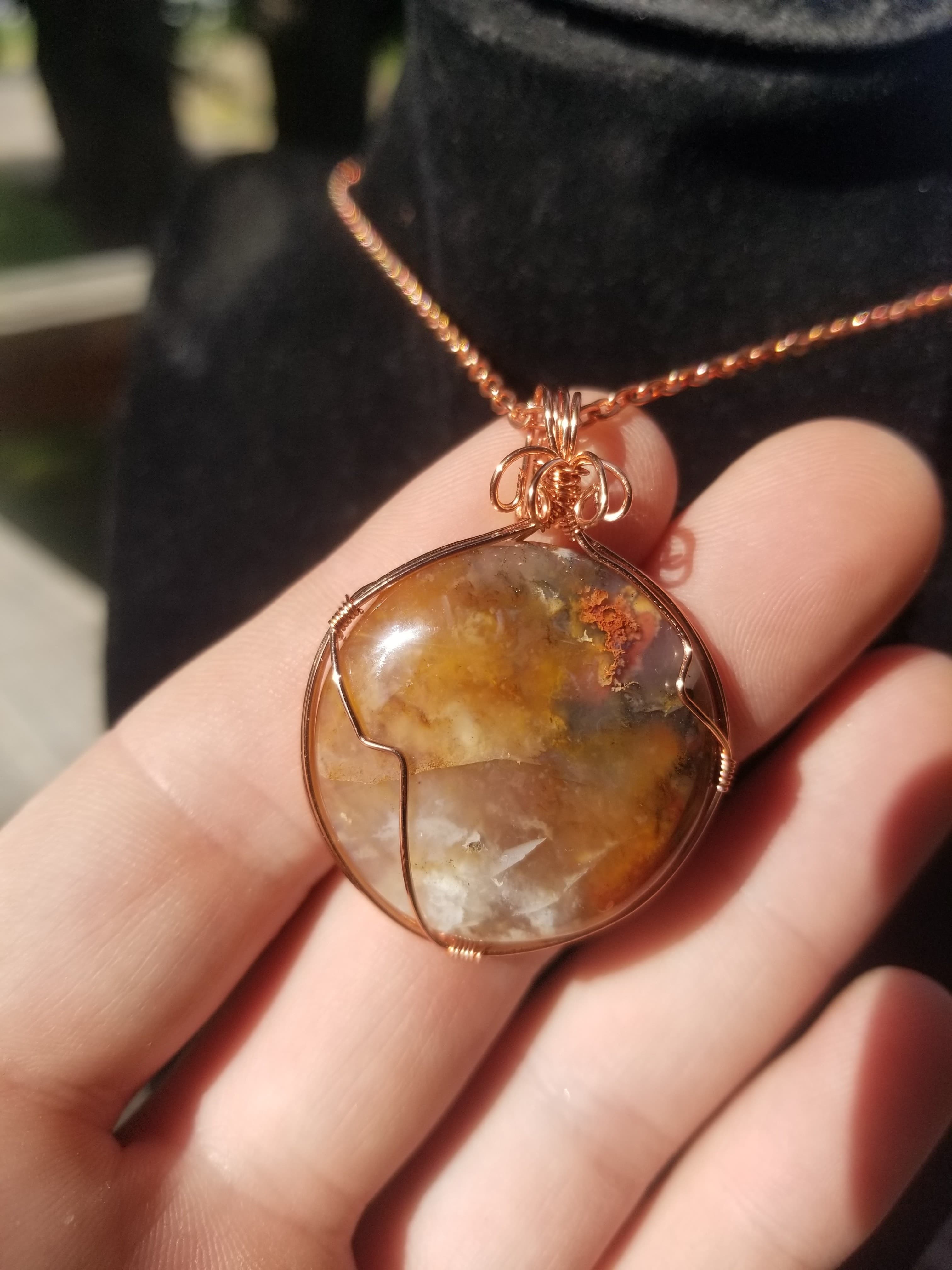 Beautiful Graveyard Point Plume Agate Pendant Translucent Hand Crafted Local Artisan Copper Wrap