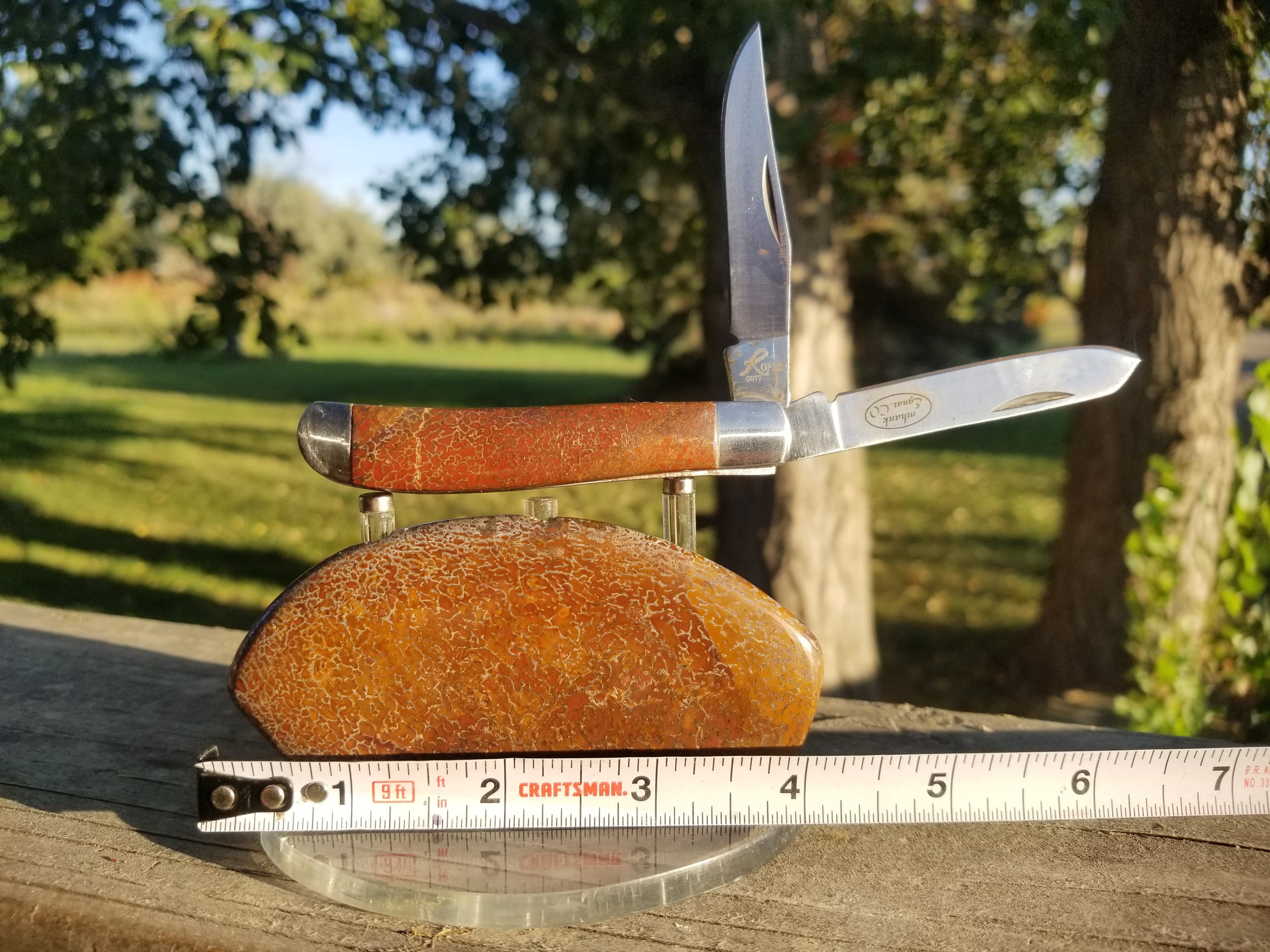Nice Agatized Dinosaur Gem Bone Red Multicolor Pocket Knife w/Custom Matching Stand