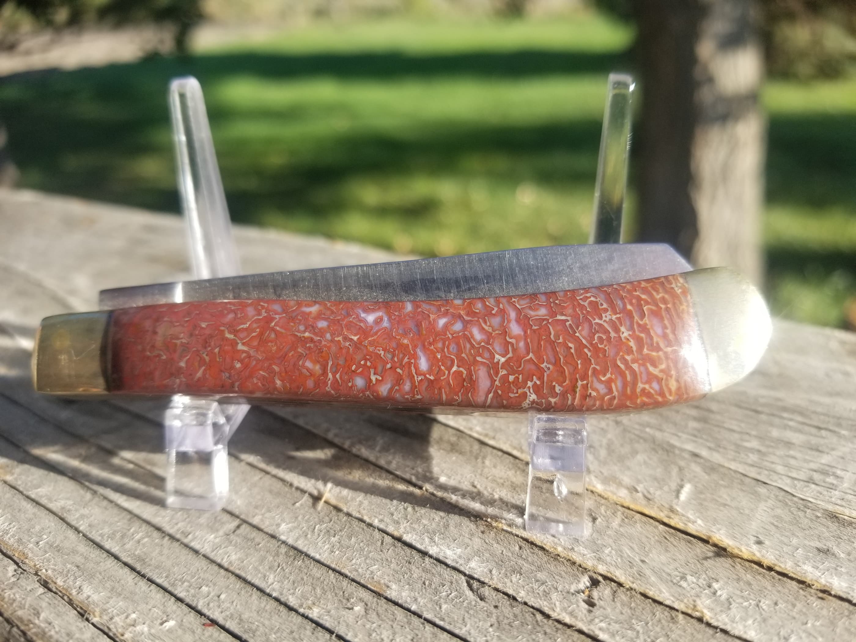 Nice Red Dinosaur Gem Bone Handle Folding Utility Knife - 4β Handle