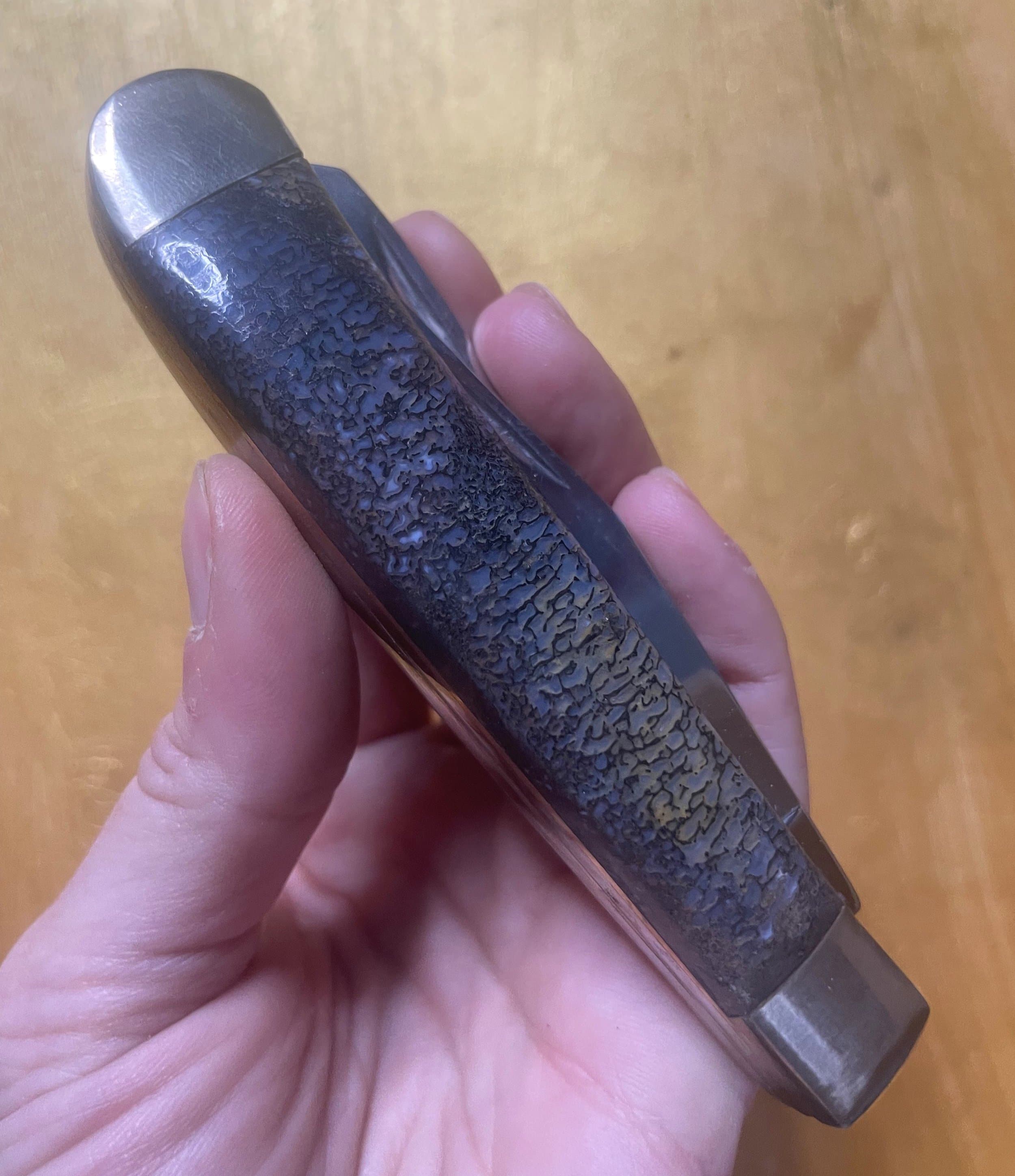 Nice Blue Dinosaur Gem Bone Handle Folding Utility Knife - 4” Handle