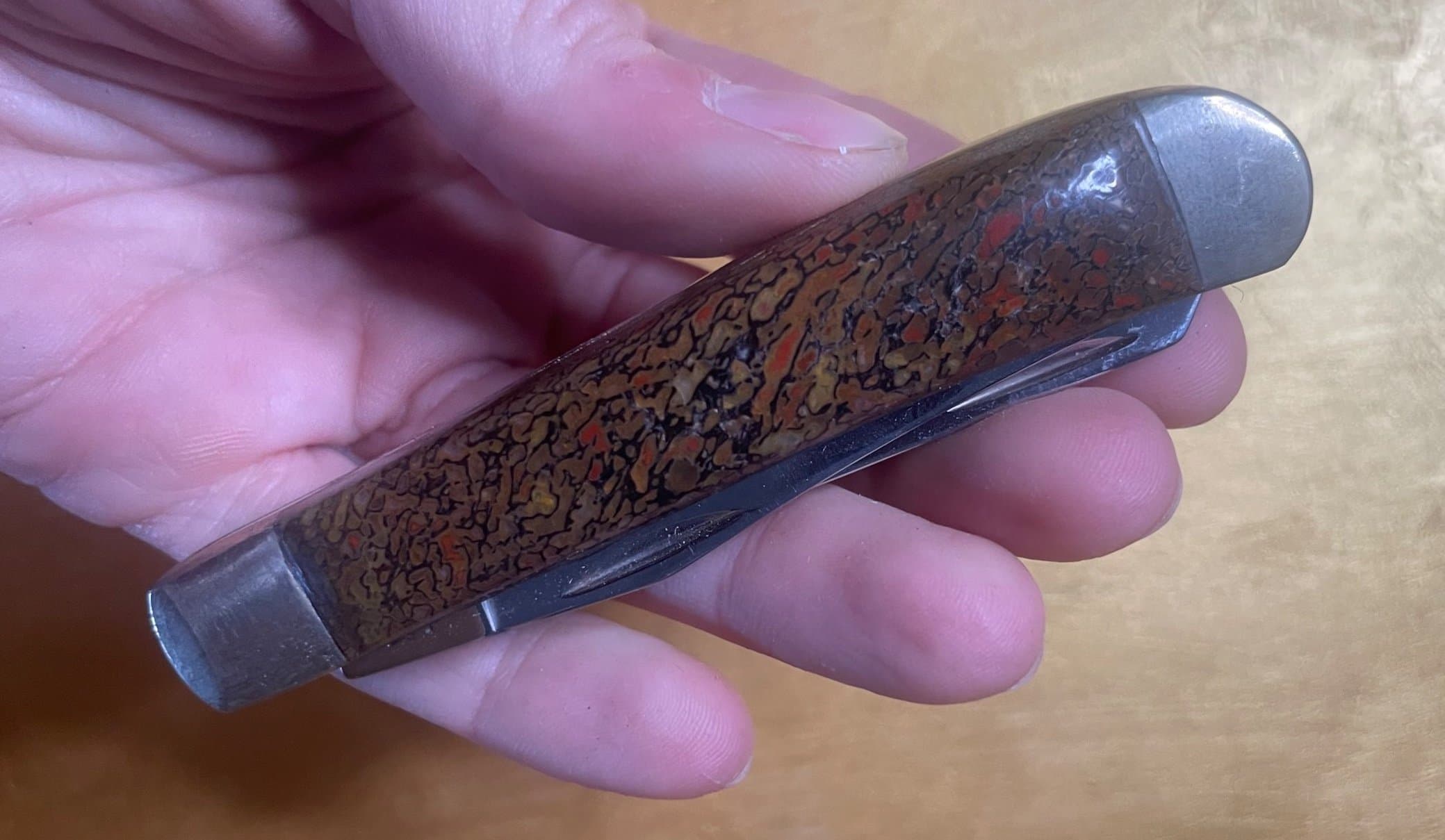 Awesome Red/Yellow Dinosaur Gem Bone Handle Folding Utility Knife - 3.5” Handle