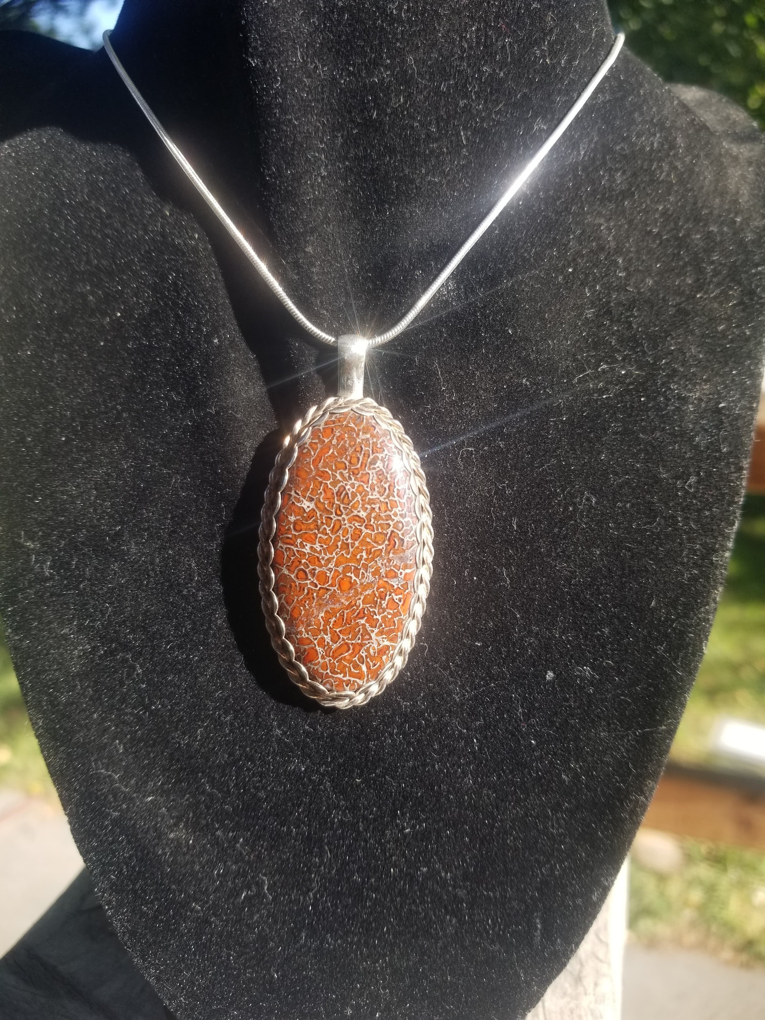 Incredible Red Agatized Dinosaur Gem Bone Custom Handmade Silver Pendant Artisan Jewelry - 2.5” x 1.25”