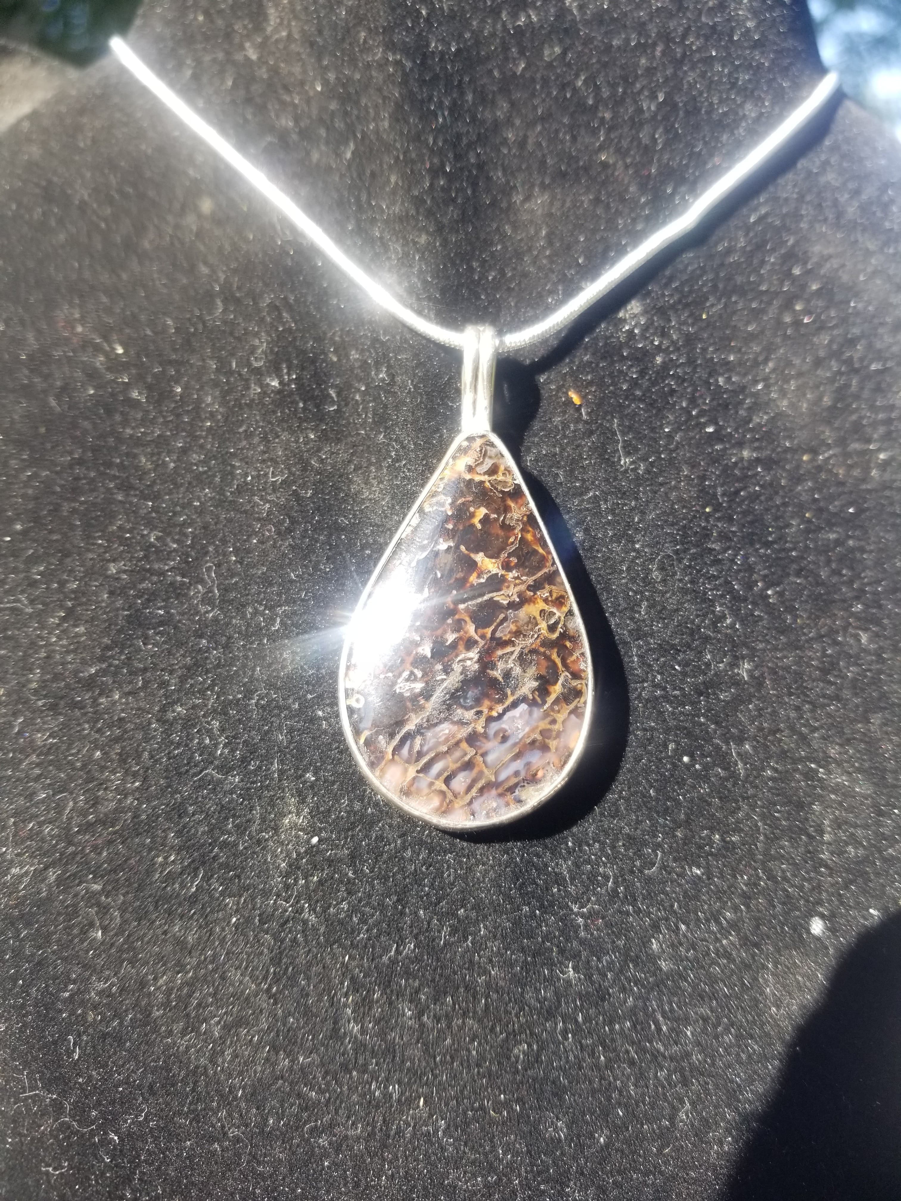Incredible Translucent Spiderweb Agatized Dinosaur Gem Bone Custom Handmade Silver Pendant Artisan Jewelry - 2” x 1”