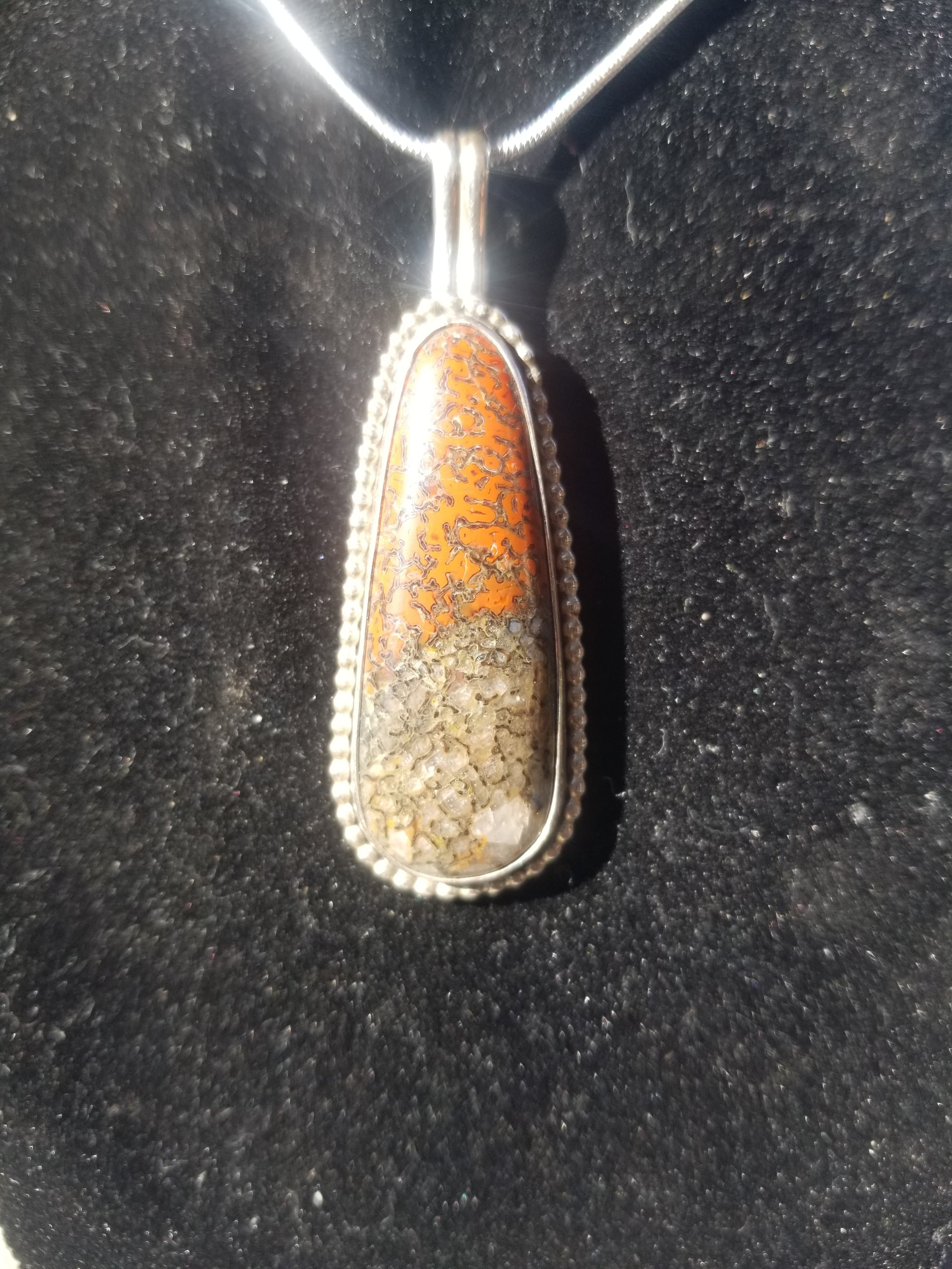 Incredible Two Tone Agatized Dinosaur Gem Bone Custom Handmade Silver Pendant Artisan Jewelry - 2.5” x 0.75”