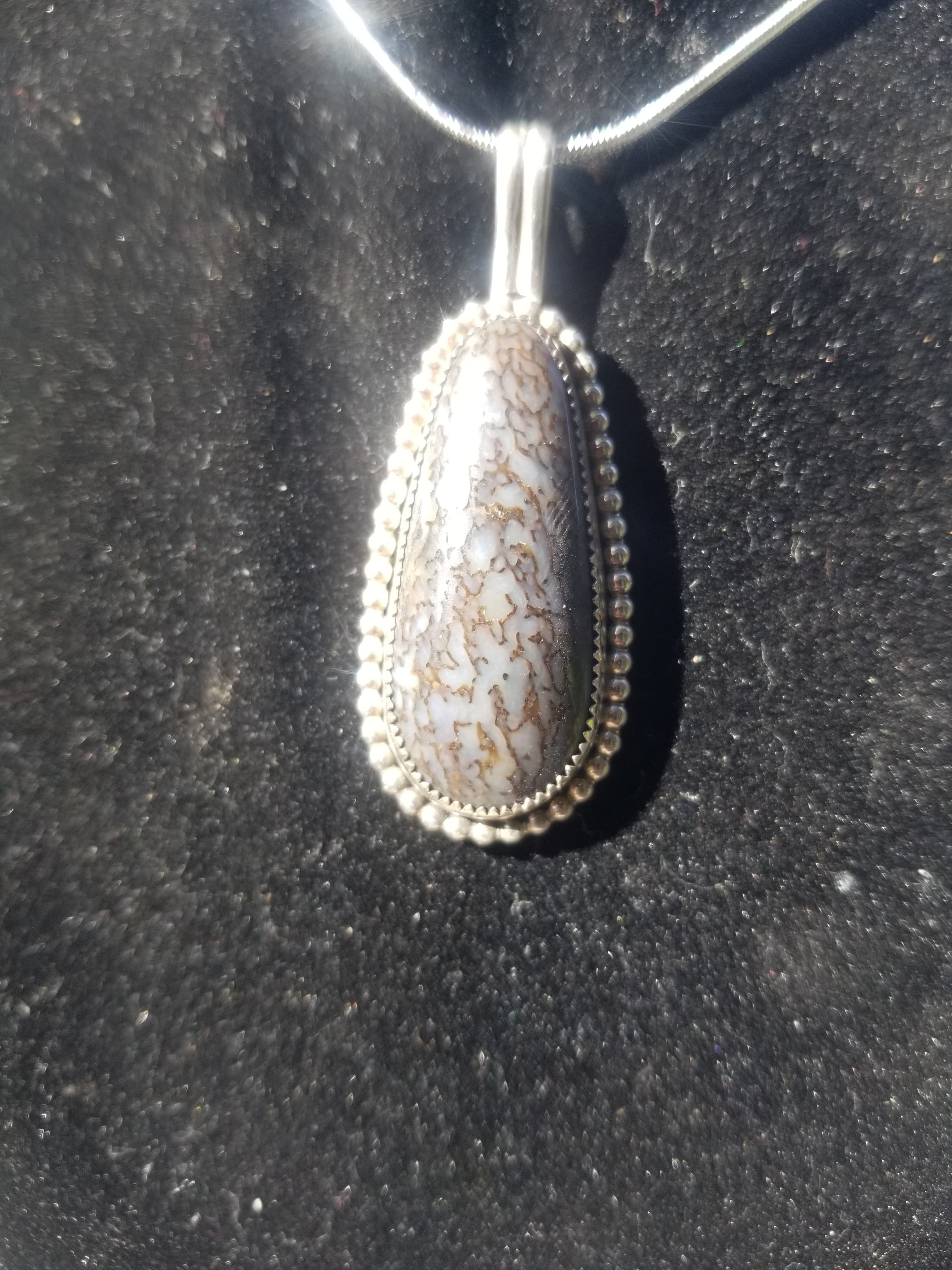 Incredible Blue Agatized Dinosaur Gem Bone Custom Handmade Silver Pendant Artisan Jewelry - 2.25” x 1”
