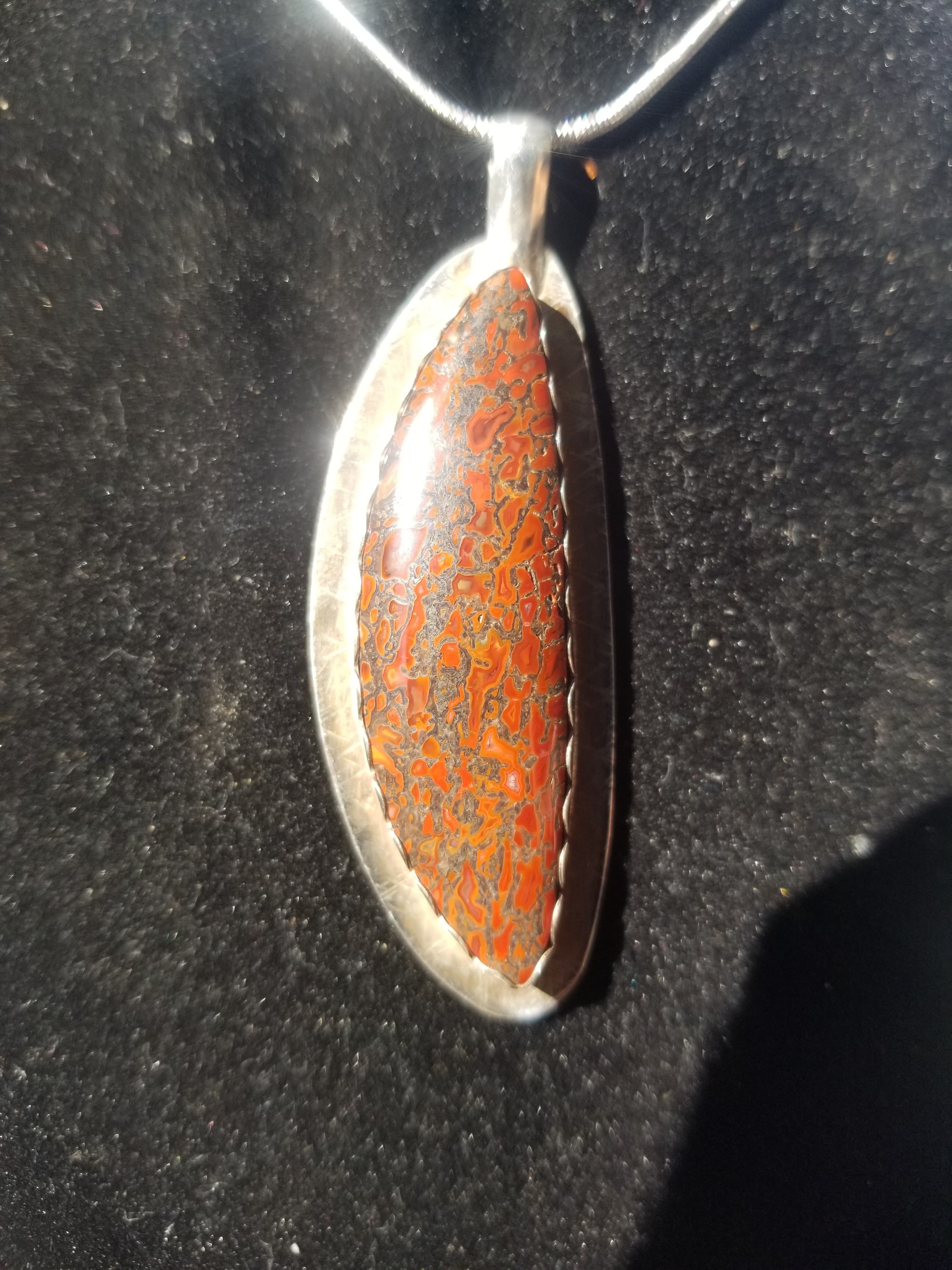 Incredible Red Agatized Dinosaur Gem Bone Custom Handmade Silver Pendant Artisan Jewelry - 2.75” x 1”
