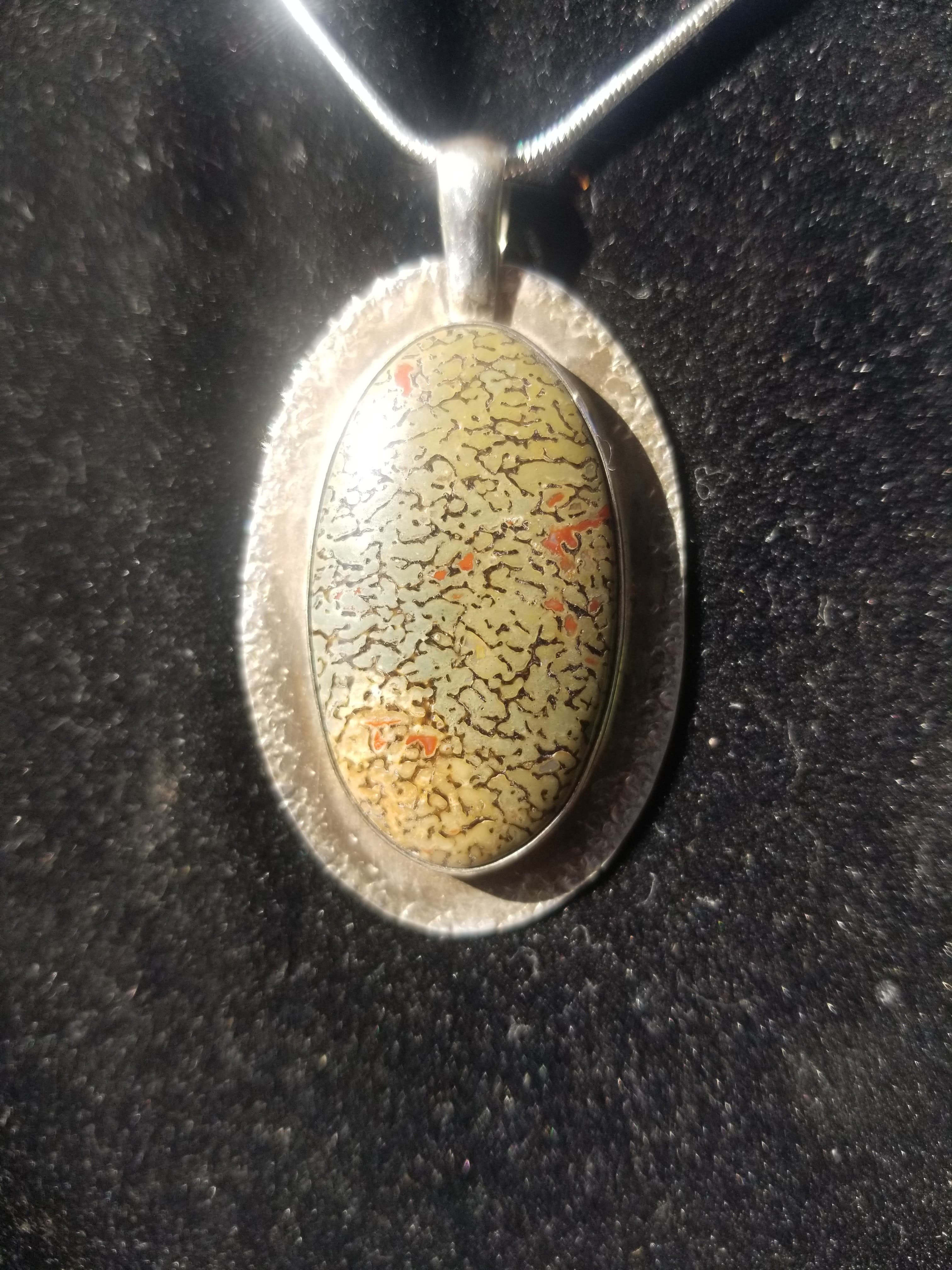 Incredible Agatized Dinosaur Gem Bone Custom Handmade Silver Pendant Artisan Jewelry - 2” x 1.25”