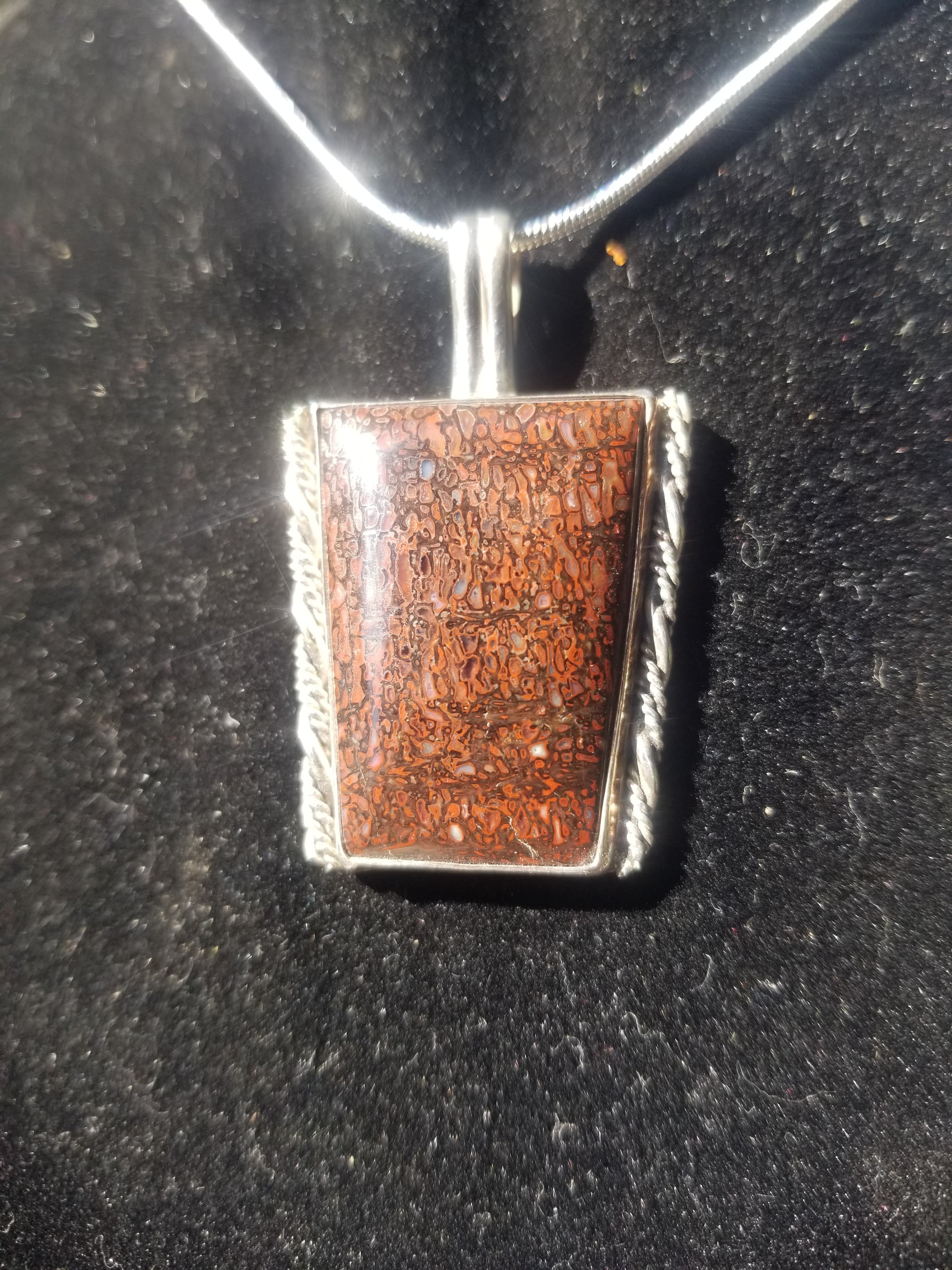 Incredible Agatized Dinosaur Gem Bone Custom Handmade Silver Pendant Artisan Jewelry - 1.75” x 1”