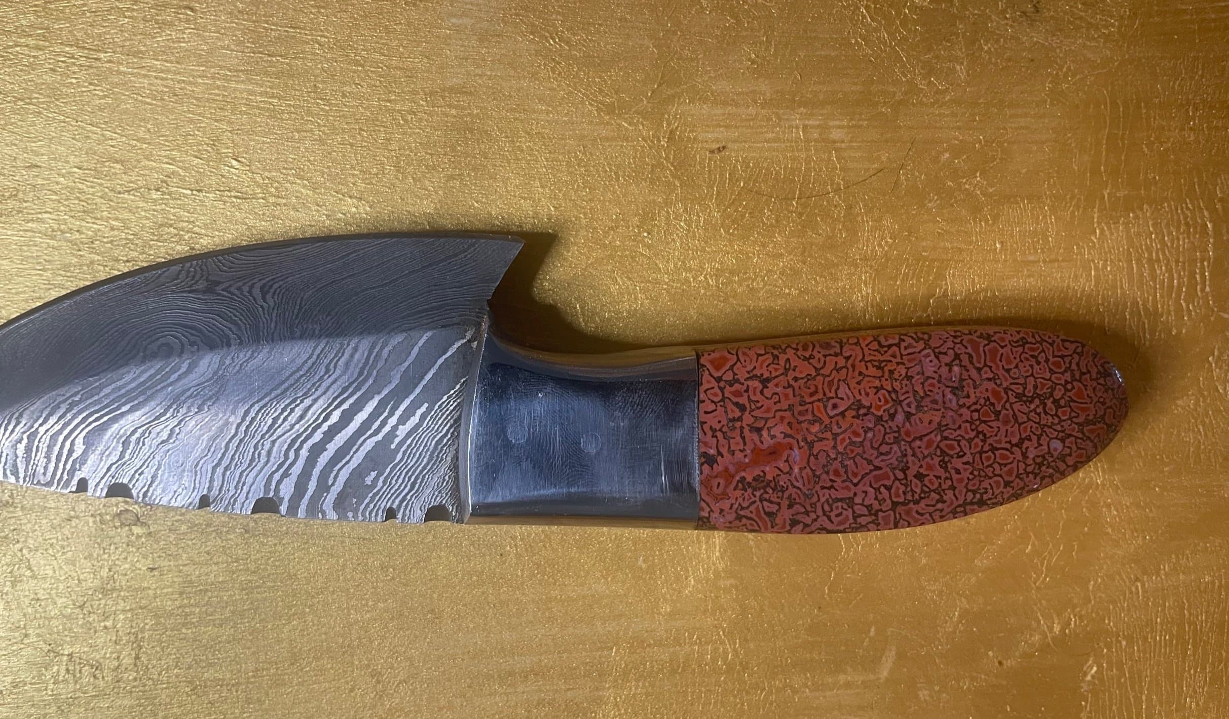 Awesome Dinosaur Gem Bone Handle Damascus Fixed Knife with Leather Sheath - 3.5" Blade x 3.5" Handle