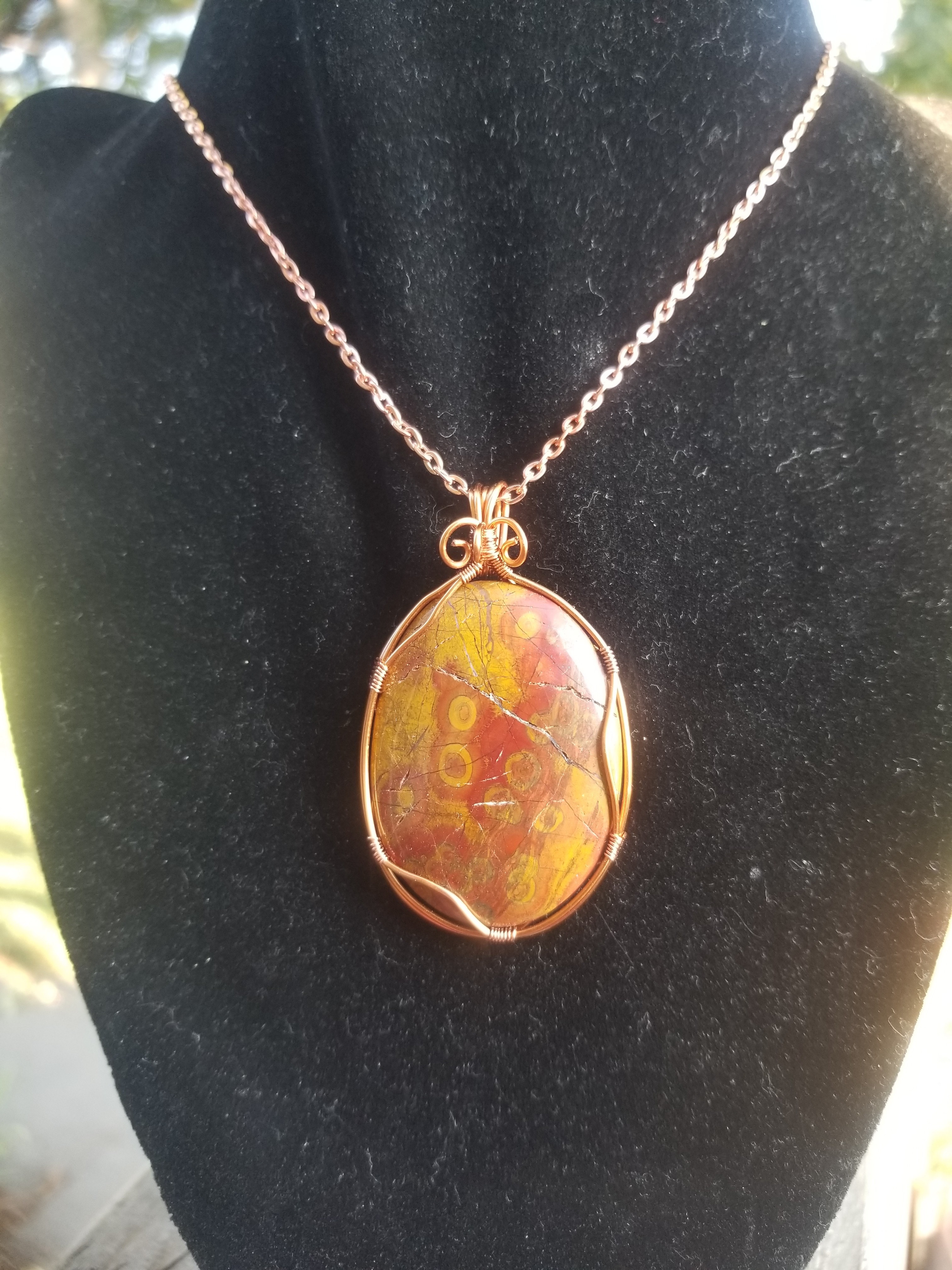 Beautiful Poppy Jasper Pendant Yellow/Red Hand Crafted Local Artisan Copper Wrap - Old Stock Cabochon