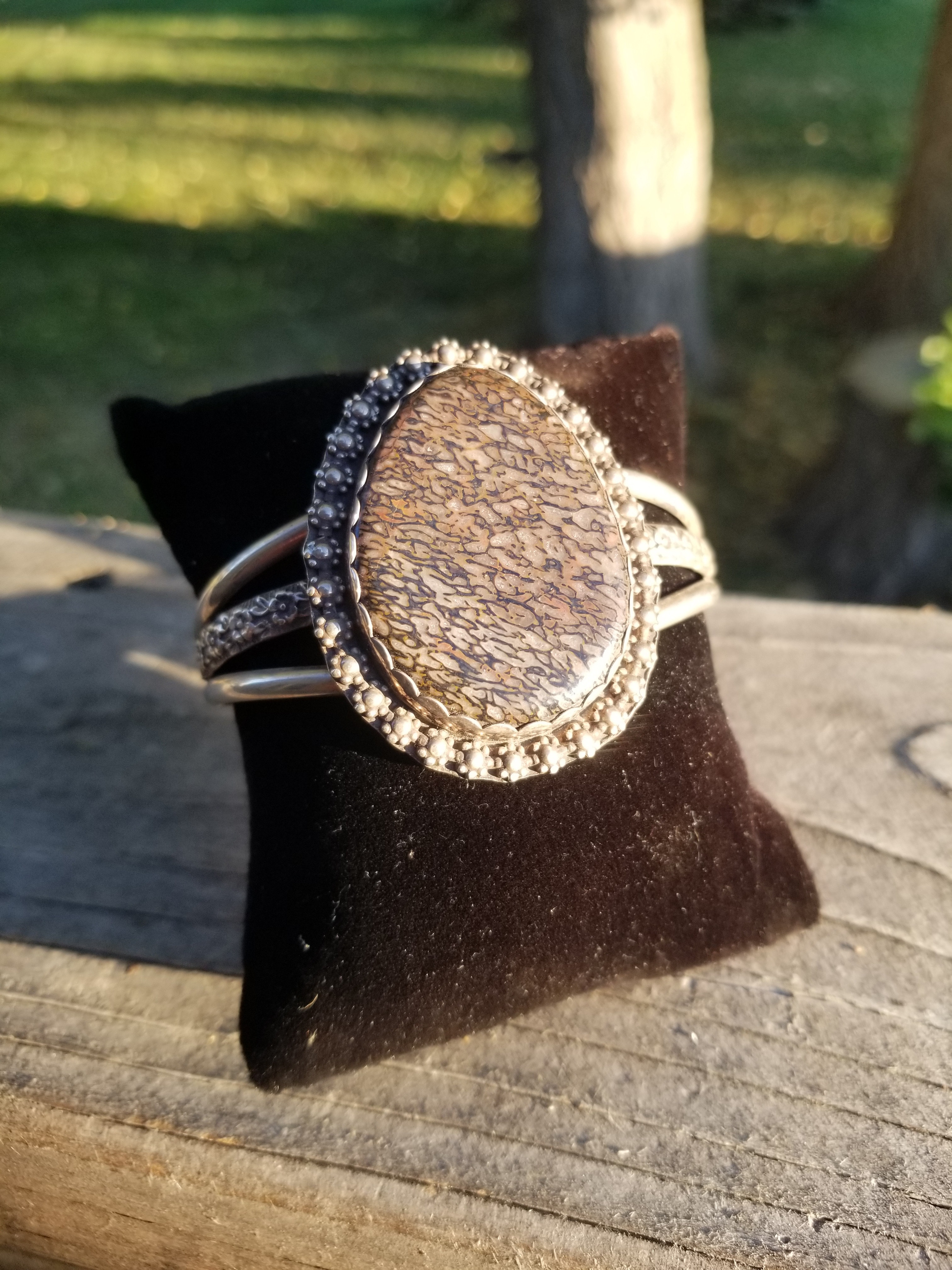 Beautiful Polished Agatized Dinosaur Gem Bone Cuff Bracelet Sterling Silver Handmade Local Artisan