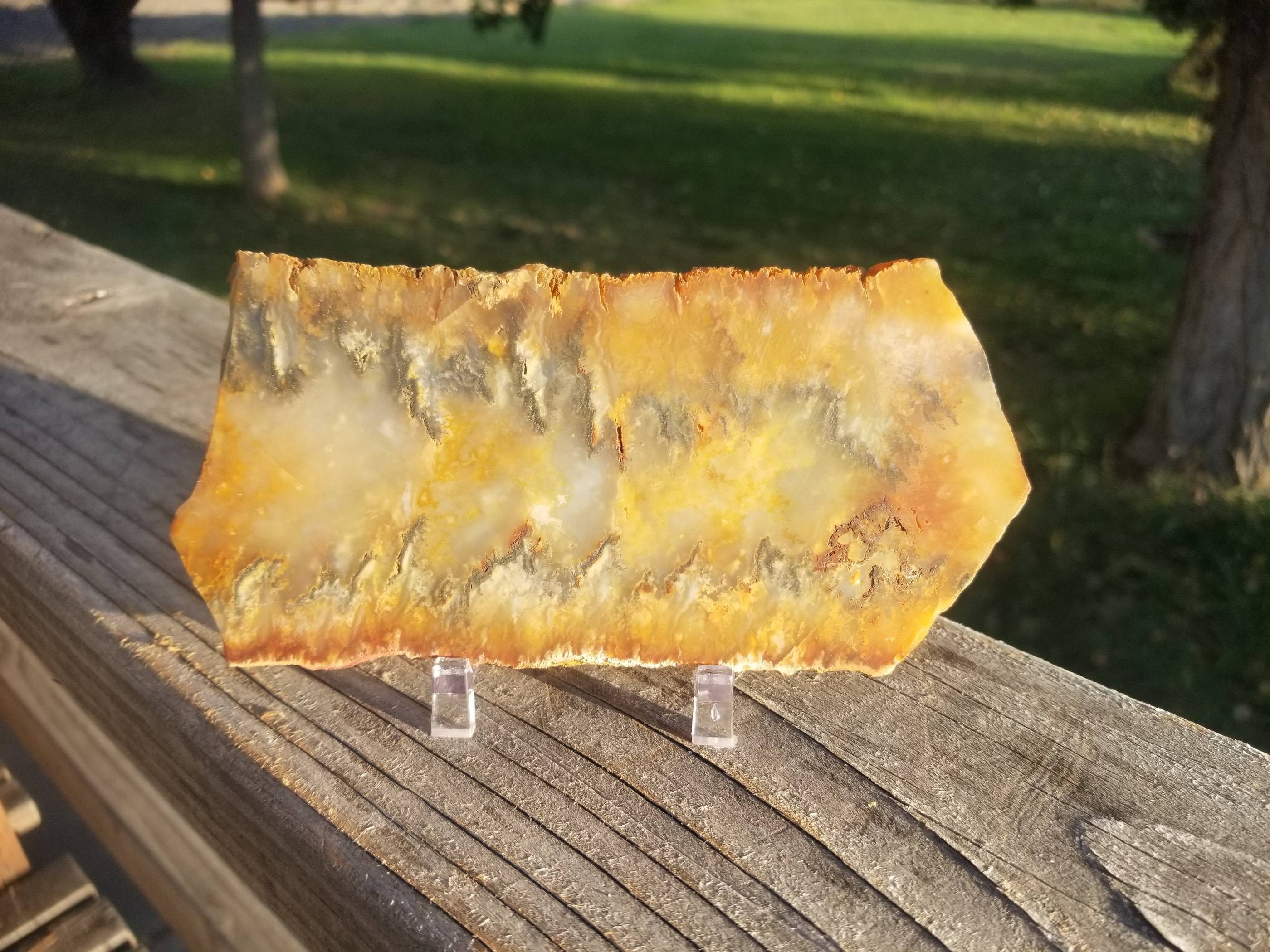 Polished Graveyard Point Plume Moss Agate w/Pyrite Specimen Slab 171g 6x3"