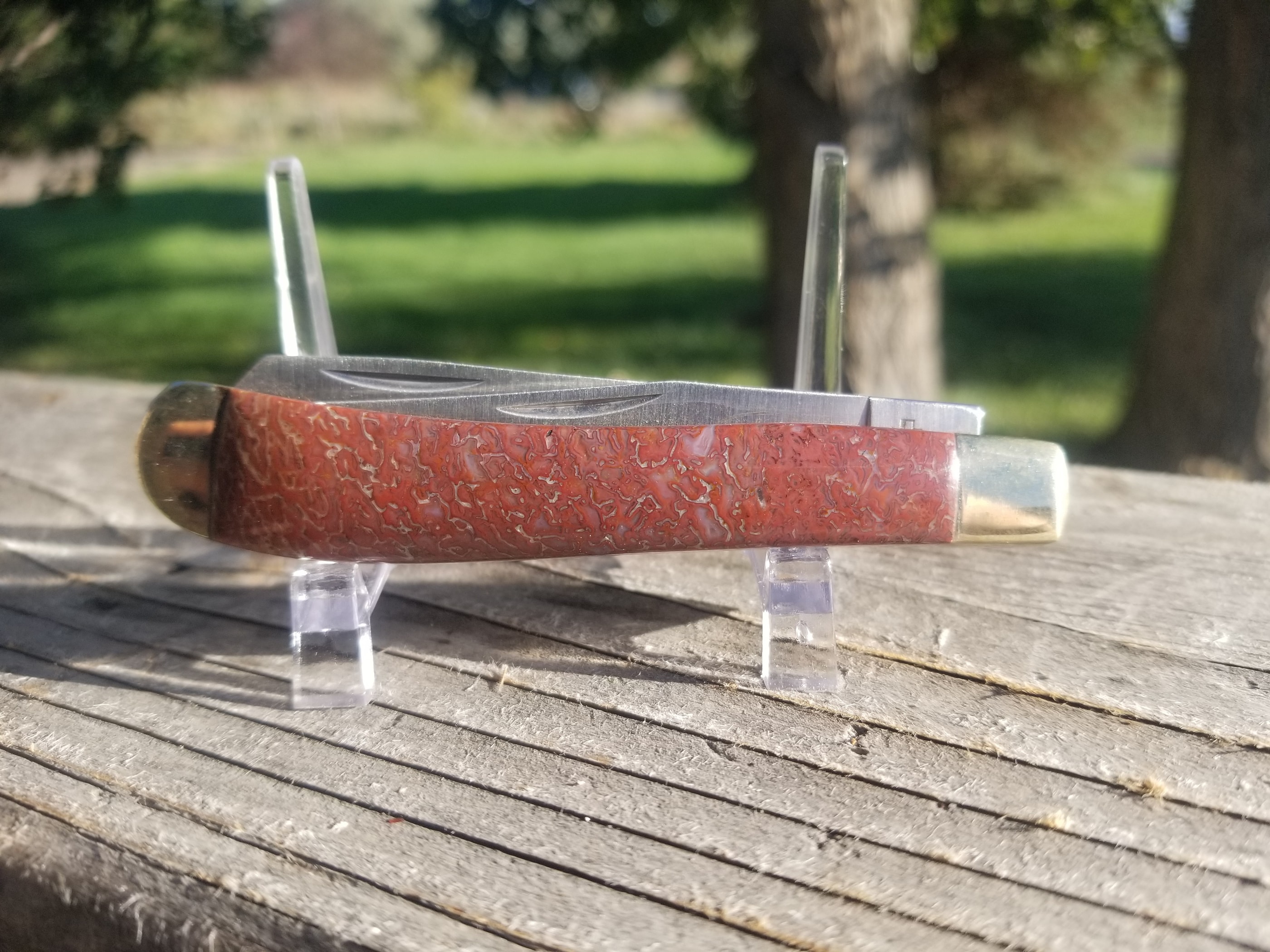 Nice Red Dinosaur Gem Bone Handle Folding Utility Knife - 4” Handle