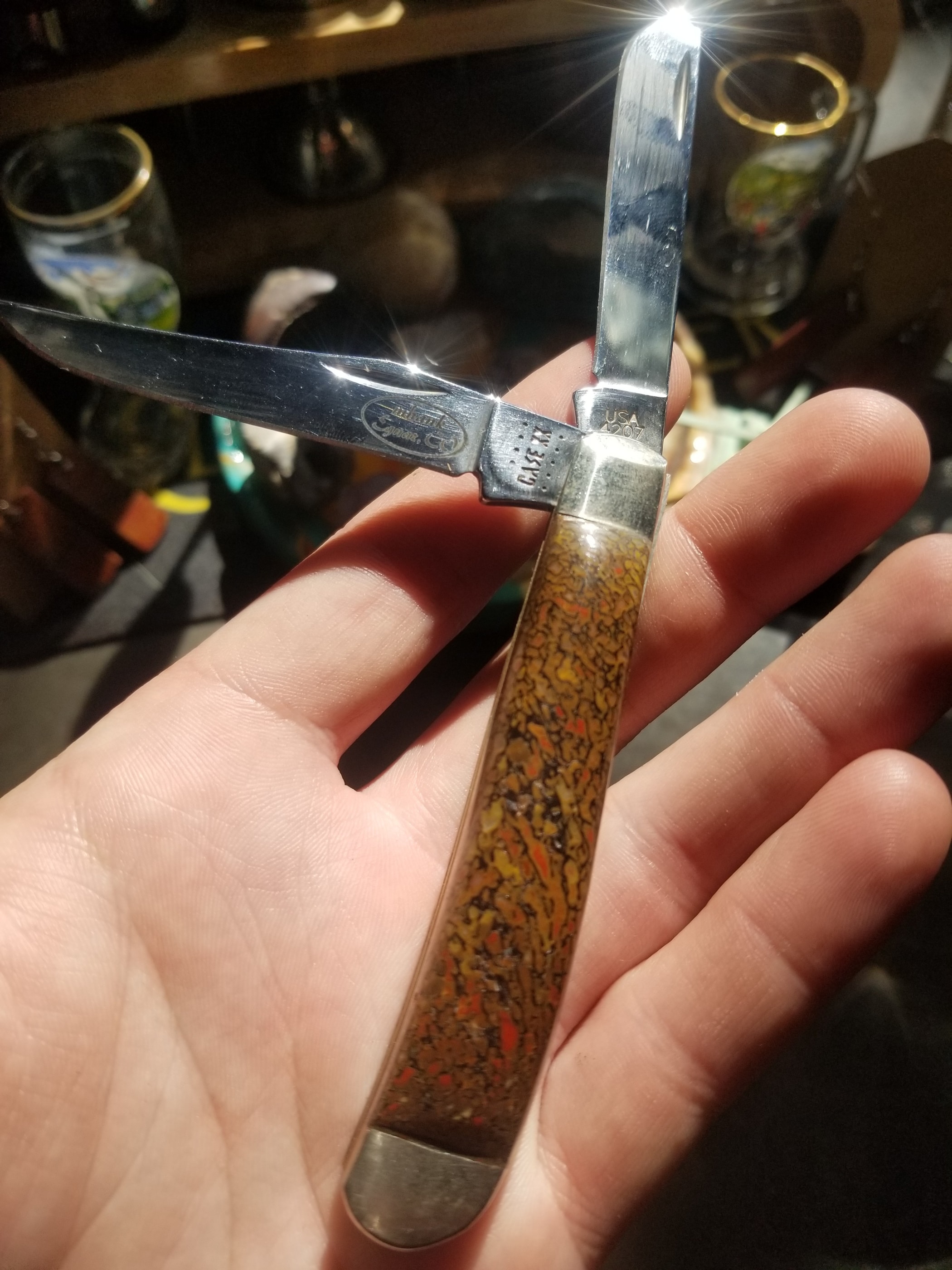 Awesome Red/Yellow Dinosaur Gem Bone Handle Folding Utility Knife - 3.5” Handle