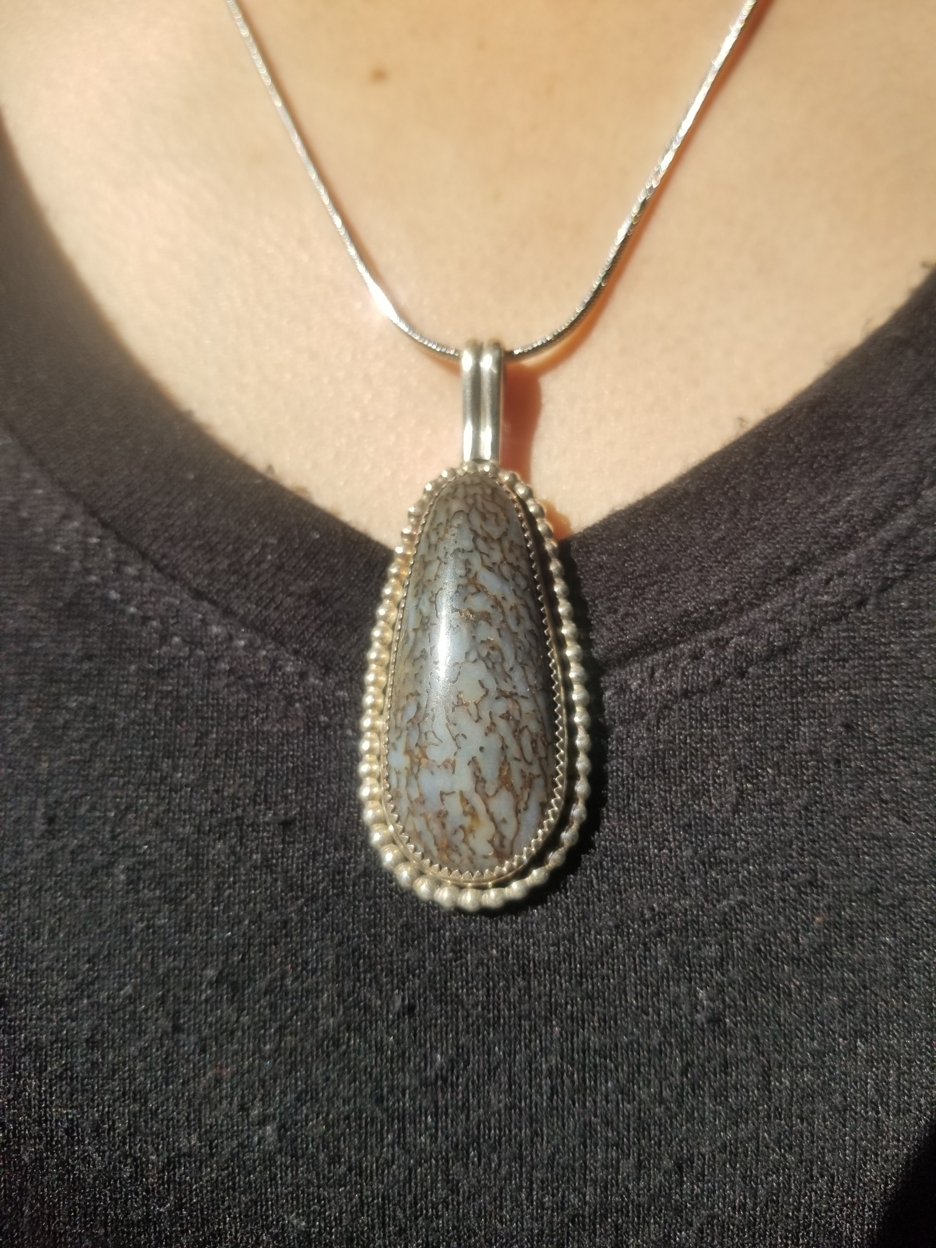 Incredible Blue Agatized Dinosaur Gem Bone Custom Handmade Silver Pendant Artisan Jewelry - 2.25” x 1”