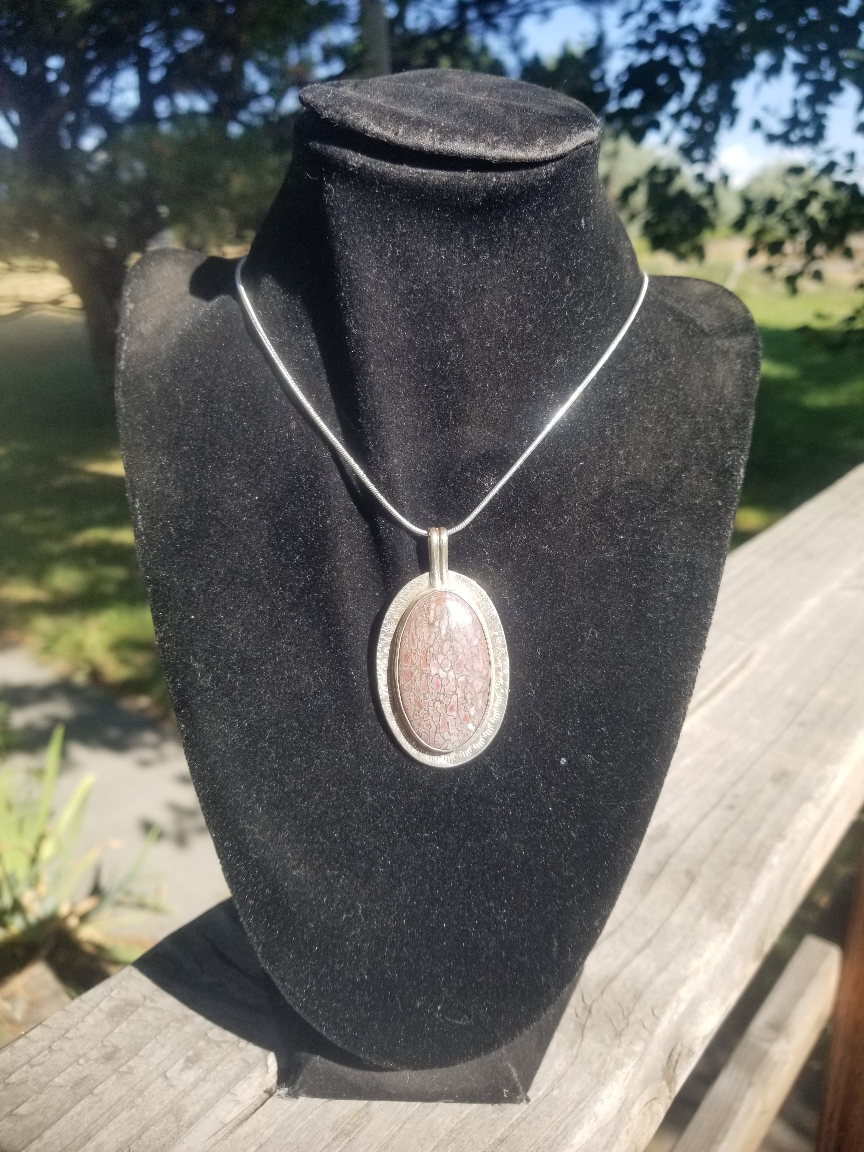 Incredible Agatized Dinosaur Gem Bone Custom Handmade Silver Pendant Artisan Jewelry - 2.25” x 1.25”