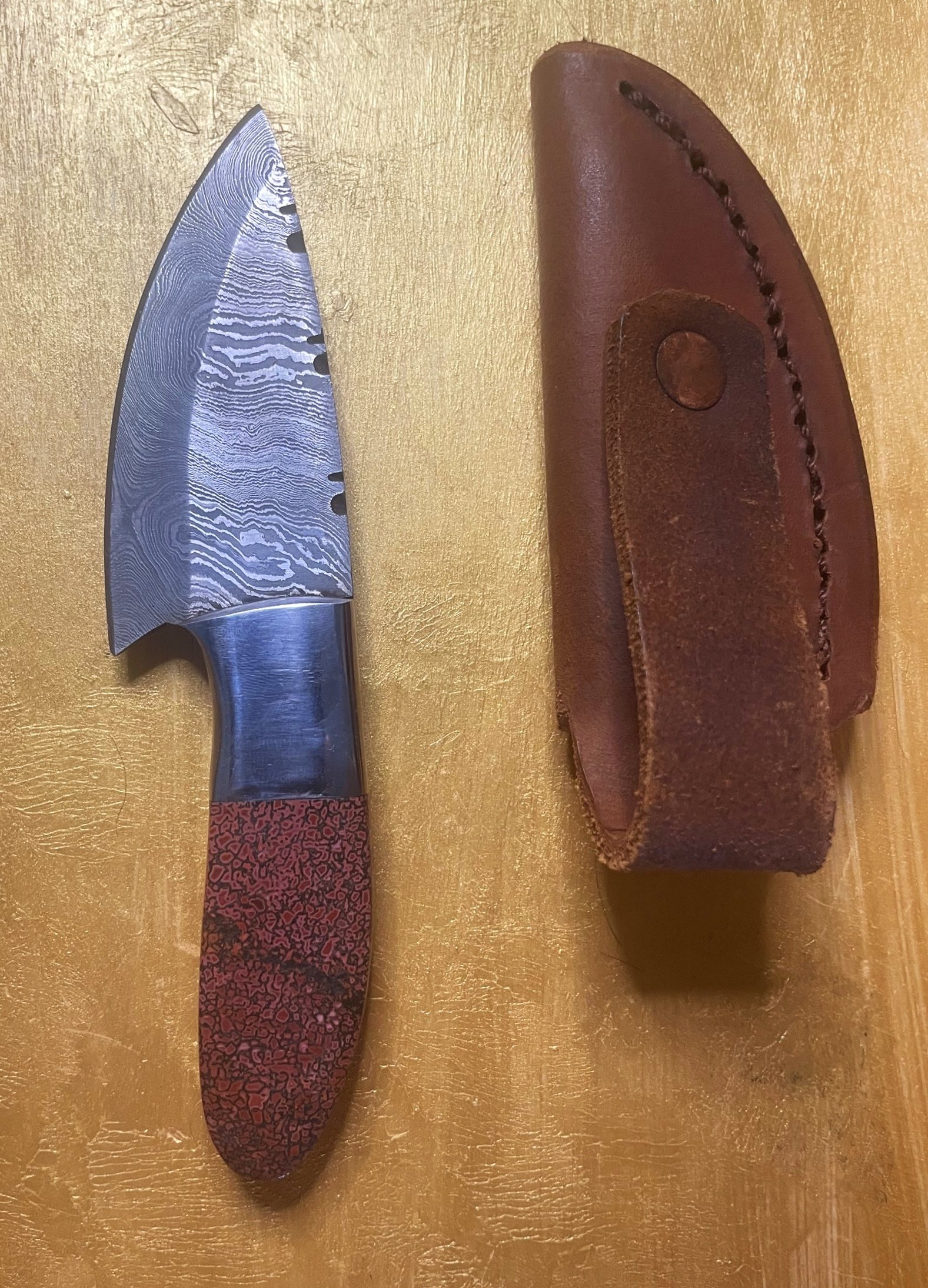 Awesome Dinosaur Gem Bone Handle Damascus Fixed Knife with Leather Sheath - 3.5" Blade x 3.5" Handle