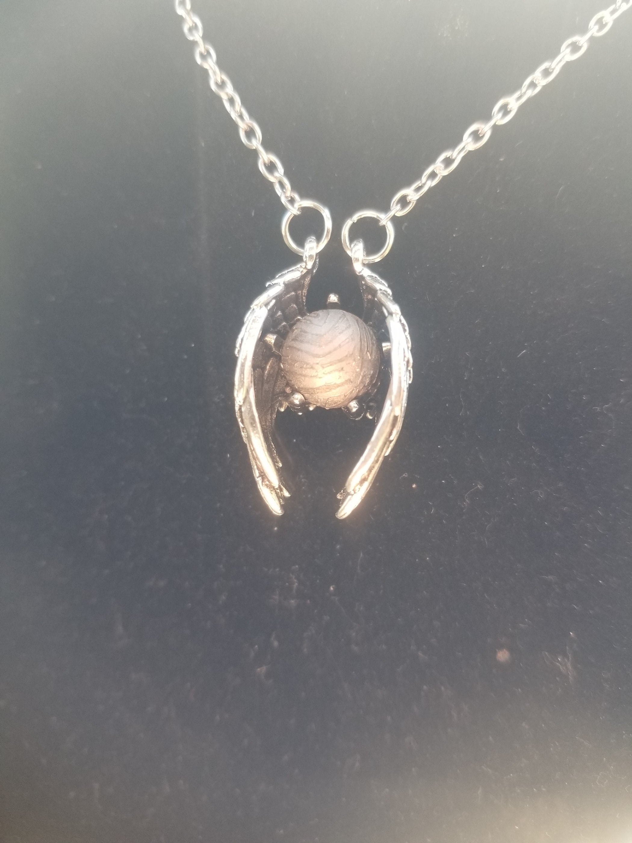 Unique Aletai Meteorite Sphere Presented in Sterling Silver Angel Wings Pendant - Widmanstätten Pattern